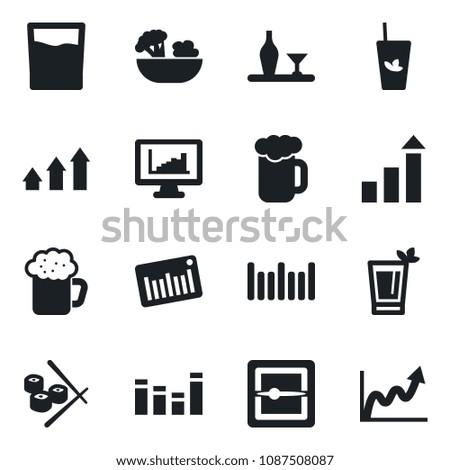 Set of vector isolated black icon - growth statistic vector, barcode, equalizer, scanner, monitor statistics, alcohol, drink, phyto bar, beer, salad, sushi, arrow up graph
