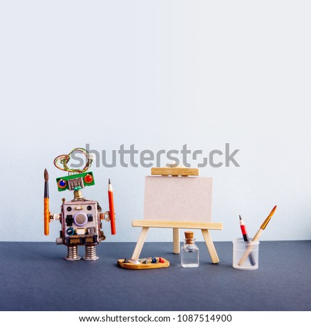 Exhibition poster studio drawing visual arts. Robot artist watercolor brush and pencil in hand, wooden easel, palette brushes pencils and water bottle. Empty textured paper canvas template. Copy space