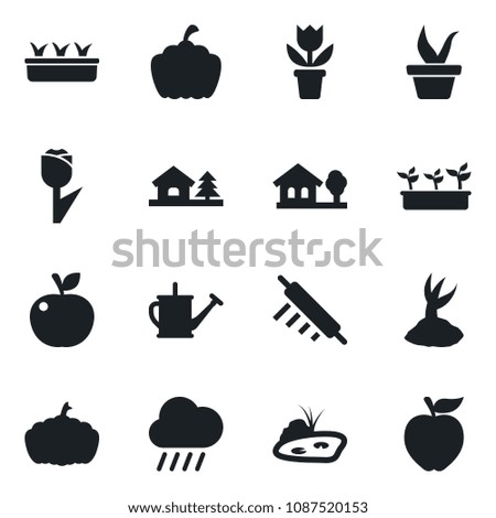 Set of vector isolated black icon - flower in pot vector, seedling, watering can, sproute, rain, pumpkin, tulip, house with tree, pond, rolling pin, apple fruit