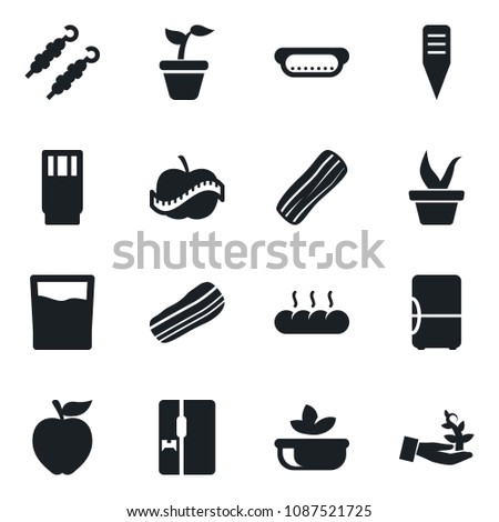 Set of vector isolated black icon - seedling vector, plant label, diet, fridge, drink, salad, bacon, bread, kebab, hot dog, apple fruit, palm sproute