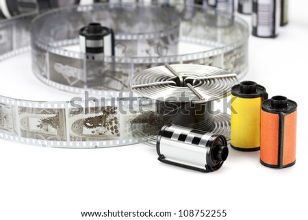 Black and white 35mm film cartridge and reel