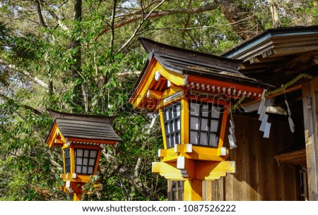 Wooden traditional Japanese lanterns at the garden of Shinto Shrine.