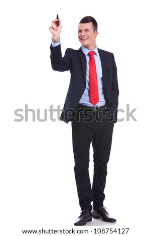 full body picture of a business man writing with marker isolated on white background