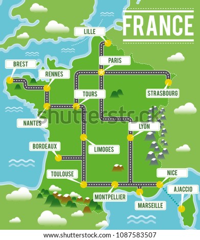 Cartoon vector map of France. Travel illustration with french main cities.