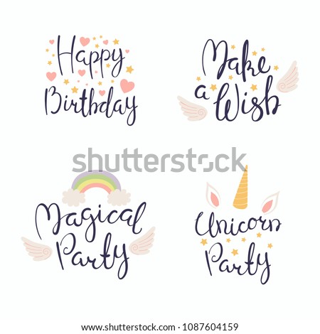 Set of hand written Happy Birthday lettering quotes, with hearts, stars, angel wings and rainbow. Isolated objects on white background. Vector illustration. Design concept invitation, greeting card.
