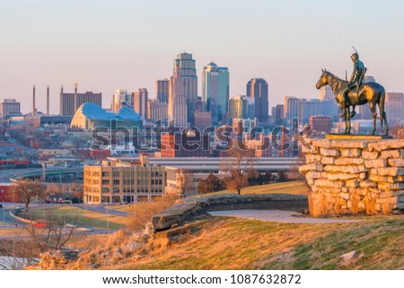 Kansas City skyline with The Scout overlooking(108 years old statue) It was conceived in 1910 