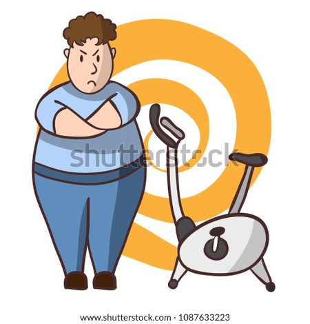 fat guy near the exercise bike. A sullen man with excess weight. The problem of overweight