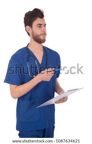 Young doctor standing, holding a clipboard pointing the pen giving orders, isolated on a white background.