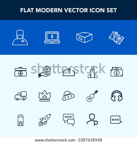 Modern, simple vector icon set with vehicle, technology, upload, finance, location, bellhop, ship, download, web, queen, rocket, box, ufo, currency, transportation, truck, aid, money, investment icons