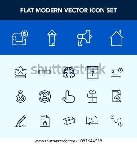 Modern, simple vector icon set with technology, furniture, radius, web, business, speaker, sound, money, marketing, glasses, music, couch, sofa, fashion, center, internet, queen, crown, location icons