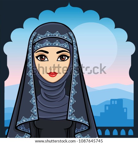 Animation portrait of the beautiful Arab girl standing against the background of a palace window. Night mountain landscape, moon, house silhouette. The place for the text. Vector illustration.