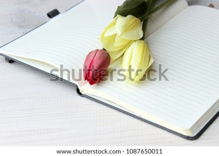 Fine romantic composition with open paper notebook with lines on pages and beautiful bouquet of spring tulips. Dreaming concept. Day planing theme. Simple composition on white wooden background