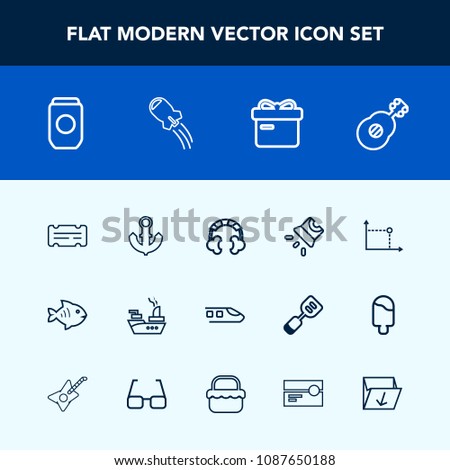 Modern, simple vector icon set with war, boat, military, white, musical, gift, box, guitar, movie, food, space, present, technology, train, fish, ribbon, ship, ticket, container, anchor, tin icons