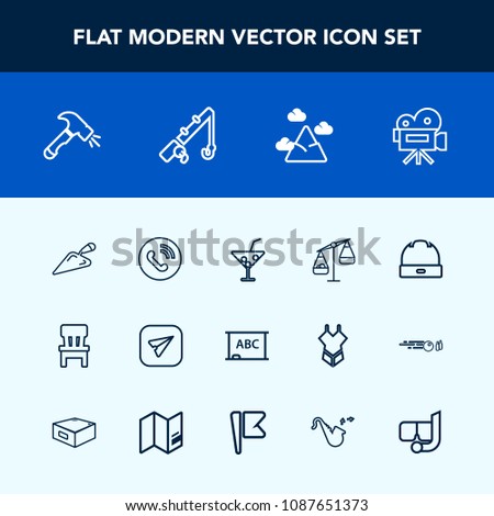 Modern, simple vector icon set with room, camera, fishing, phone, ring, mountain, board, scale, communication, tripod, drink, sky, email, equipment, shovel, retro, juice, cocktail, home, movie icons