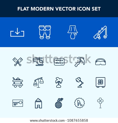 Modern, simple vector icon set with reel, switch, tropical, measurement, fishing, canoe, food, service, money, construction, palm, picking, fish, light, leaf, bed, summer, oar, transportation icons