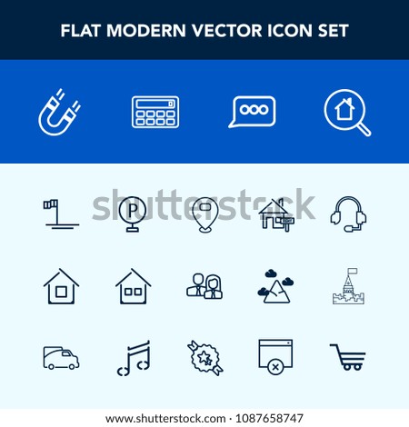 Modern, simple vector icon set with car, trolley, mexico, message, cart, retail, blue, estate, pole, building, beach, vehicle, property, search, business, home, staff, road, technology, button icons