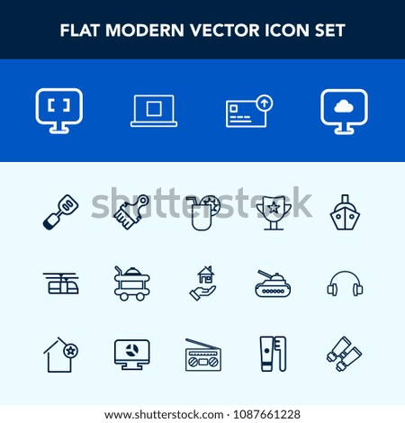Modern, simple vector icon set with internet, blue, hotel, sea, rail, tool, laptop, transportation, boat, property, kitchen, food, room, pc, juice, train, service, prize, estate, vessel, glass icons