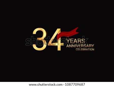 34 anniversary vector design golden colored with red ribbon isolated on black background