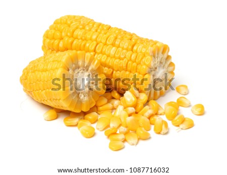 Yellow boiled corn and corn cob isolated on white background