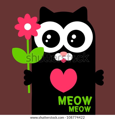 Cute black kitten with flower greeting card