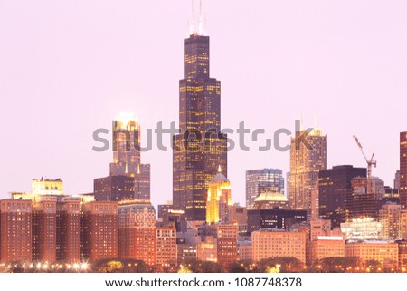 Downtown city skyline at dusk of Chicago, Illinois, USA