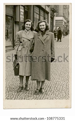 PRAGUE, CZECHOSLOVAK REPUBLIC, CIRCA 1955 - two friends on Wenceslas Square - circa 1955