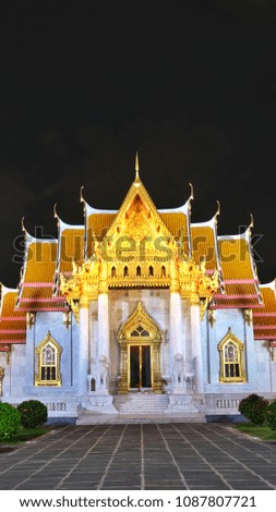 Marble Temple in Bangkok Thailand name is Wat benchamabophit dusitvanaram, Travel destination for tourists and beautiful architecture, Night photography with lighting