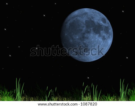 Blue, full moon on a clear and starry night.