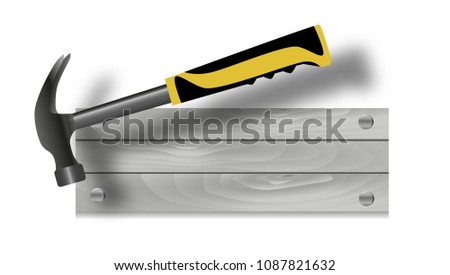 Hammer and sign nailed. Wooden signboard logo repair professional handyman services. Vector illustration.