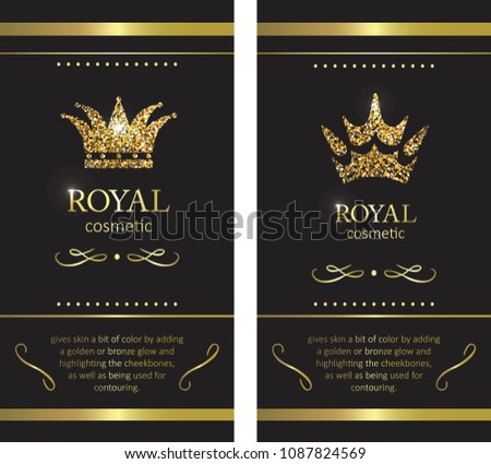 Gold crown. Luxury label, emblem or packing. Logo design. Fashion banner with glitter and shine.