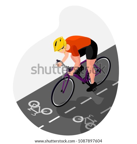 a cyclist in uniform and a helmet on a road bike is riding along the road. isometric 3d