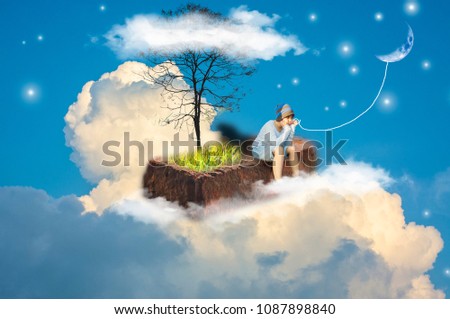 Asian boy, sitting lonely on a brick floating above a cloud, holding a rope tied to a moon.