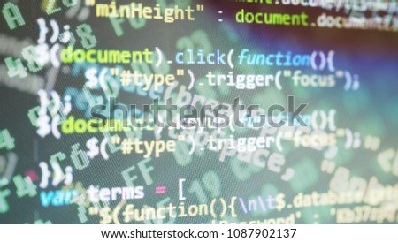 Coding application by programmer developer. Script on computer with source code. Programming code abstract background screen of software. Digital chaos