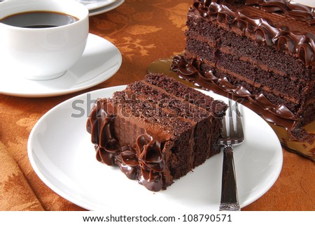 A slice of chocolate cake with coffee