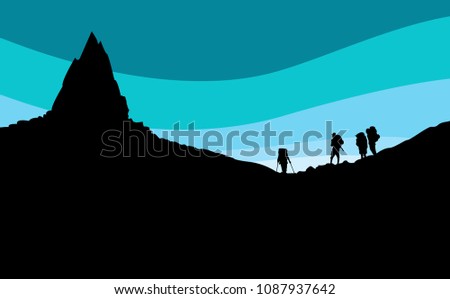 Silhouette of Mountainers Standing under Mountain Peak. Simple Blue Flat Sky.