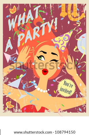 Party invitation design with pretty red hair girl  (Grunge effect and text are removable)