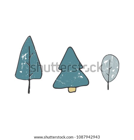 tree clip art drawing shabby style color blue green texture forest element wood simple doodle illustration on white background