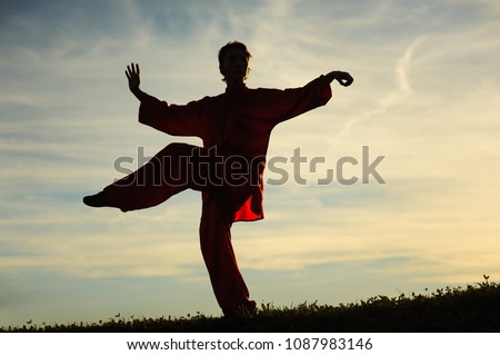 Woman praticing tai chi chuan at sunset. Royalty-Free Stock Photo #1087983146