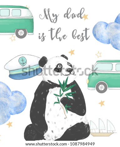 Best Dad, Happy Fathers Day, white background with blue clouds. Greeting card template. Panda digital clip art. Geometric giftcard. Best father. Captain Bear. Dreamer dad. Text data ready card.