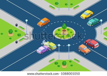 Car crash, vector isometric 3D illustration. Street accident at roundabout junction road. Safety street traffic and insurance concept. Royalty-Free Stock Photo #1088001050