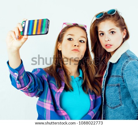 best friends teenage girls together having fun, posing emotional