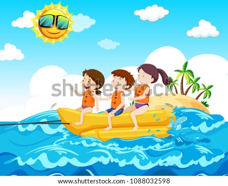 Children Riding Banana Boat at the Beach illustration