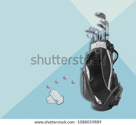 Golf summer is coming concept. Golf equipment  Golf bag and Golf ball on a colorful background, top view. Trendy minimal style with colorful paper backdrop.Minimal style. Minimalist