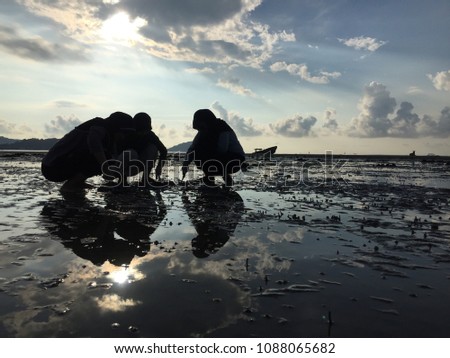 A silhouette of a fisherman,Fishermen collecting shellfish on the beach  