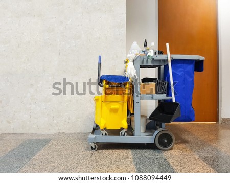 Cleaning tools cart in hospital.