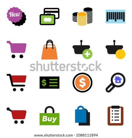 solid vector ixon set - dollar coin vector, cart, credit card, stack, receipt, search estate, new, shopping bag, buy, barcode, basket, list