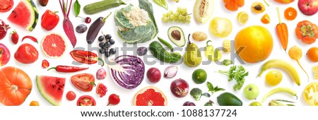 pattern of various fresh vegetables and fruits isolated on white background, top view, flat lay. Composition of food, concept of healthy eating. Food texture. Royalty-Free Stock Photo #1088137724