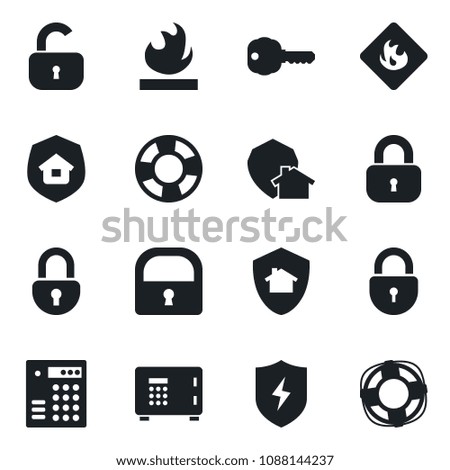 Set of vector isolated black icon - safe vector, lock, flammable, protect, key, estate insurance, home, combination, crisis management