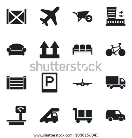 Set of vector isolated black icon - plane vector, parking, waiting area, ladder car, airport building, wheelbarrow, bike, delivery, container, cargo, up side sign, heavy scales