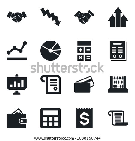Set of vector isolated black icon - handshake vector, calculator, abacus, crisis graph, receipt, pie, point, contract, credit card, arrow up, wallet, presentation
